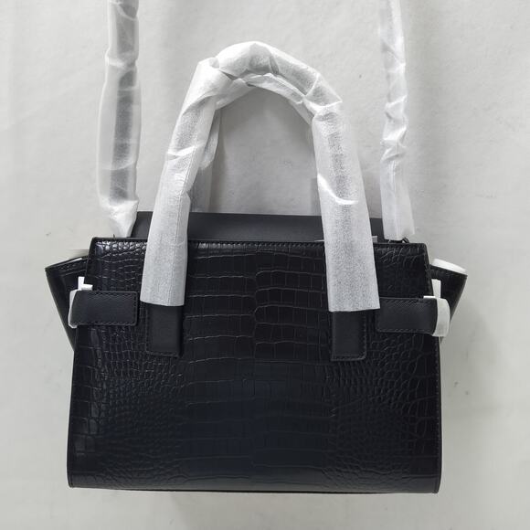 Michael Kors Womens Carmen Medium Crocodile Embossed  Michael Kors Carmen Black Leather Crocodile Embossed Flap Satchel Bag - NWT $598